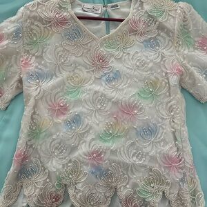 Laurence Kazar Multicolor Floral Beaded Top